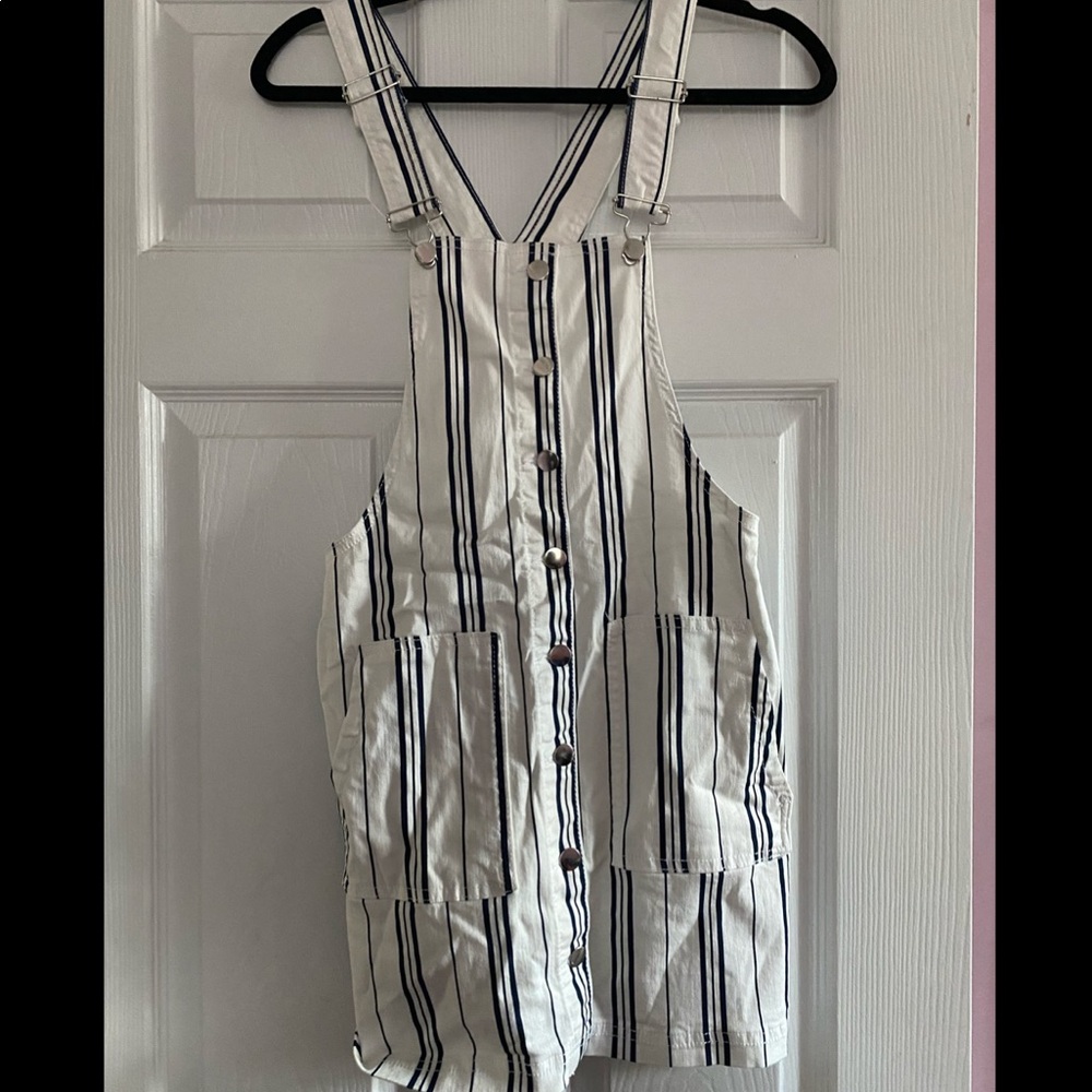 Blue and white striped overall dress